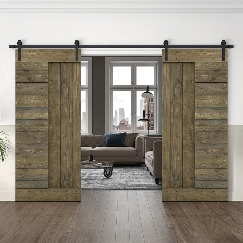 Porte de grange en bois à panneaux avec trousse de quincaillerie d'installation, Tonneau vieilli, 60 po x 84 po