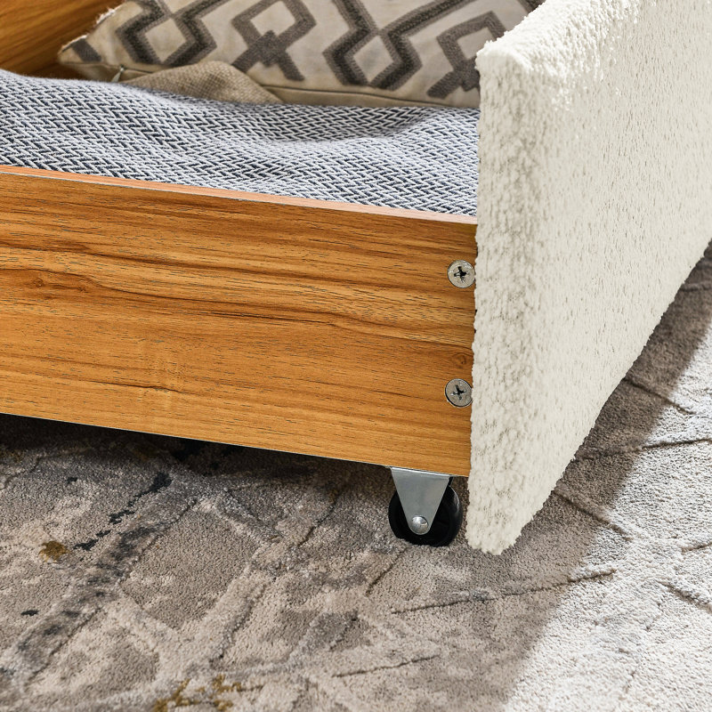 Lit de jour avec lit gigogne, solution de tiroir de rangement, grand lit, lit tapissier, boucle beige, conception rayée, support dorsal confortable, guide d'assemblage rapide, grand rangement, rayures verticales, guide simple