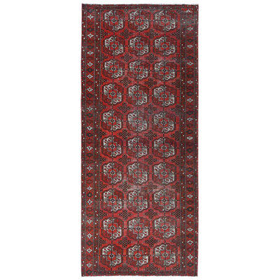 Tapis de couloir court 3 pi 9 po x 9 po 2 po rouge tomate aspect usé vieilli en laine nouée à la main avec des éléphants