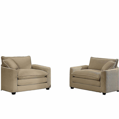 Luxurious and Sophisticated Deep Seated Sofa Set with Two Single Chairs in Tan Corduroy Fabric, Suitable for Bedroom and Office