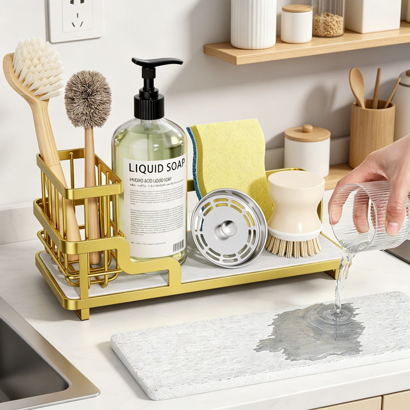 Porte-éponge de cuisine avec base en diatomite, porte-brosse amovible et support de rangement en acier inoxydable pour comptoir ou évier