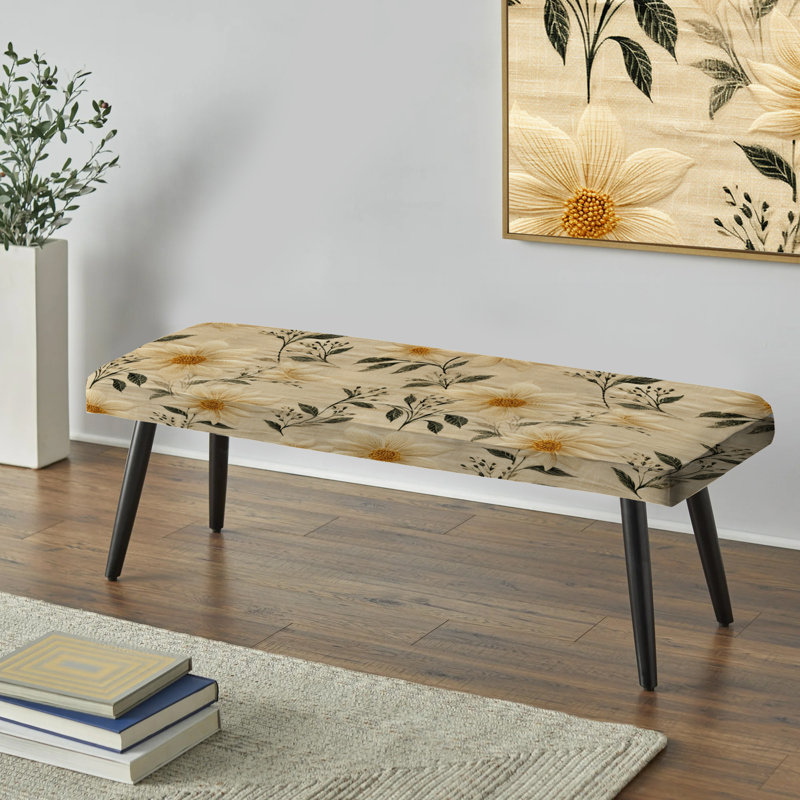 Jonquille rétro verte et beige - Banc rembourré floral noir