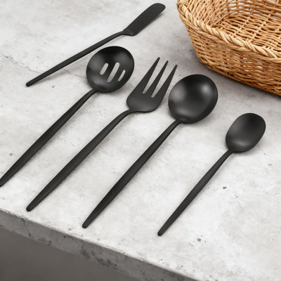 Modern Matte Black Serving Utensil Set, 5-Piece Stainless Steel Hostess Flatware With Satin Finish, Dishwasher Safe Round Serving Spoons And Forks