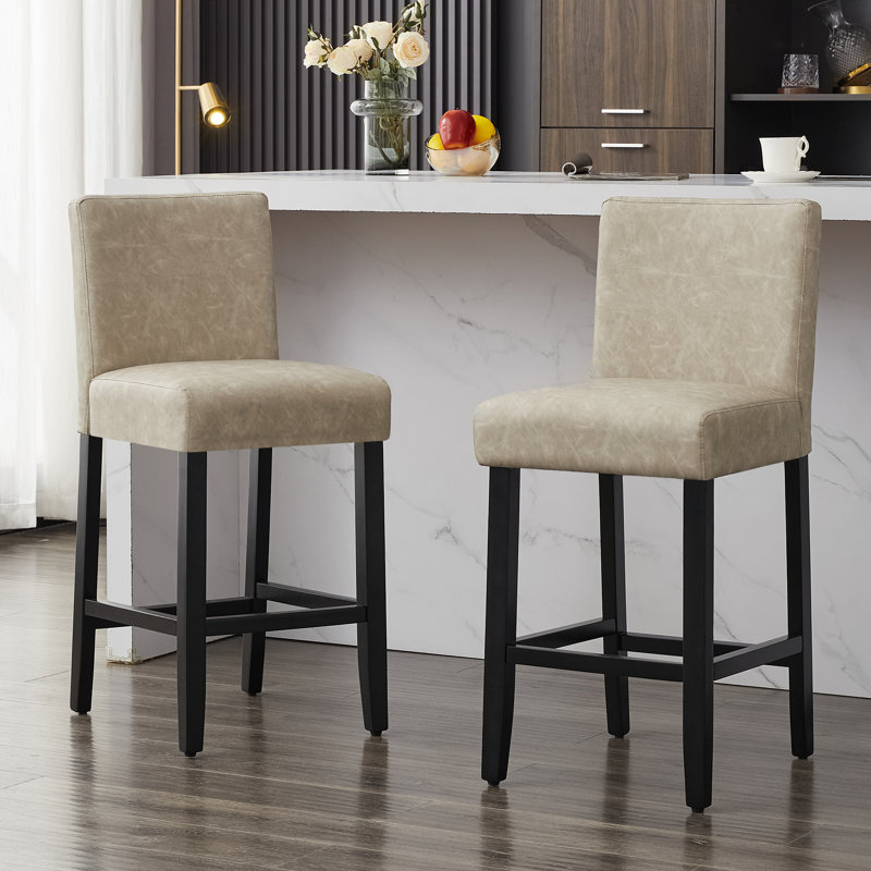 Upholstered Bar & Counter Stool With Solid Wood Frame, Beige/Faux Leather, 1, Counter Stool (26” Seat Height)