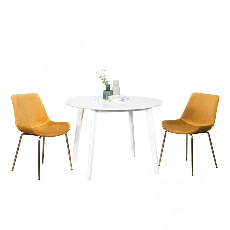 Ensemble de salle à manger contemporain 3 pièces, table de salle à manger ronde blanche avec 2 chaises, Jaune