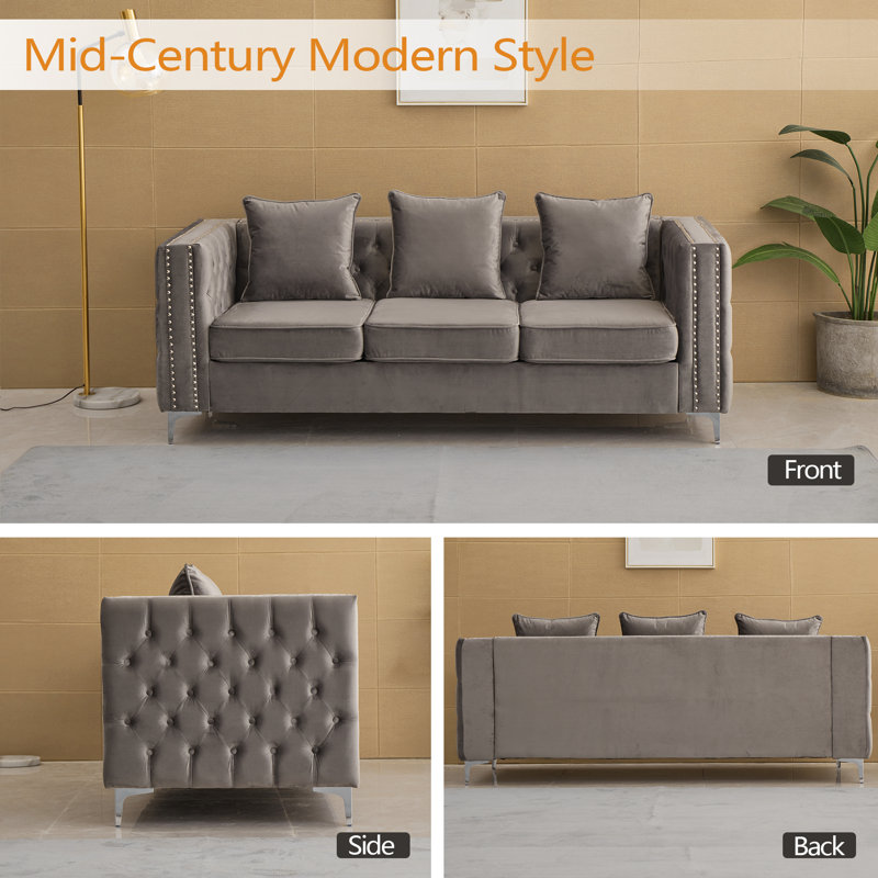 Habbe 84.6'' Velvet Sofa, Gray Velvet