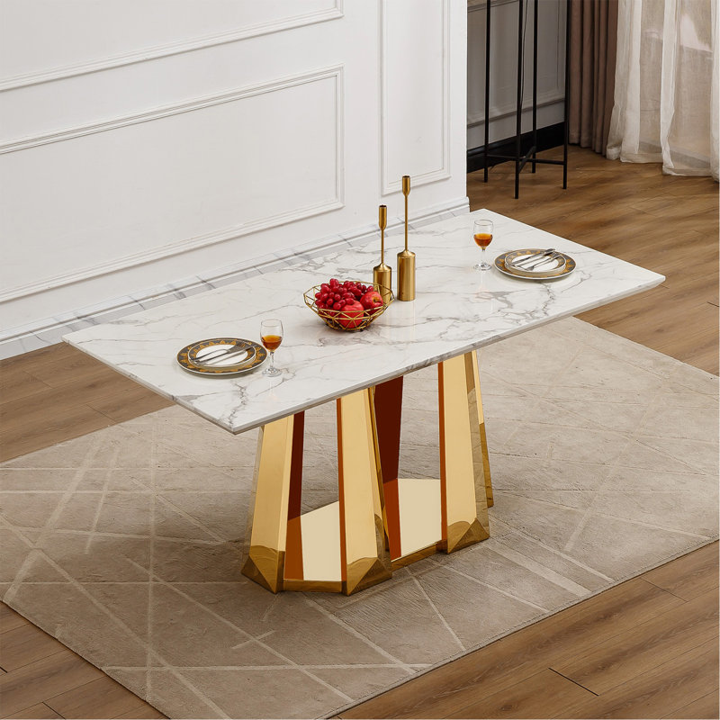 Table de salle à manger en marbre pour 6 personnes, table de salle à manger rectangulaire en faux marbre 70 po avec base en acier inoxydable à finition miroir, table de cuisine moderne en marbre de grande taille (or, blanc) (table seulement)