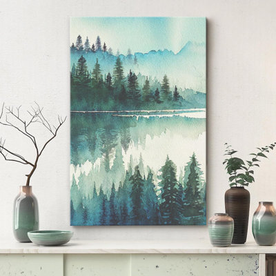 Woodland Forest Landscape " Teal Pastel Mountain Range Lake "