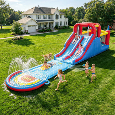 Jeu gonflable gonflable avec glissade d'eau avec glissade, piscine et panier de basketball