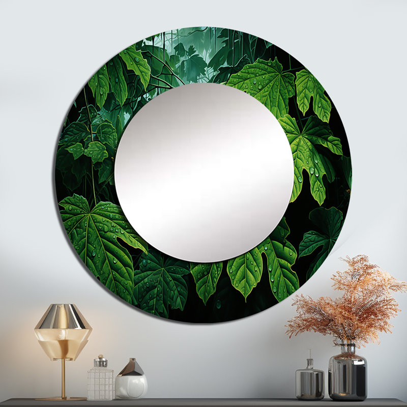 Emerald Canopy Rainforest Leaves - grand miroir mural à feuilles, miroir décoratif rond vert, impression d'art en métal