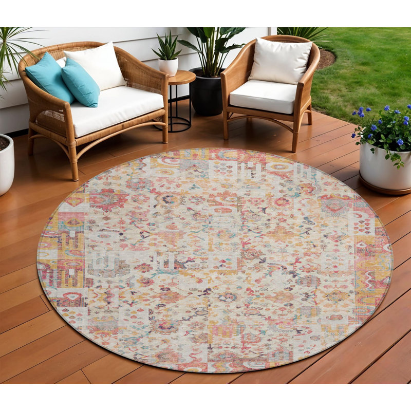 8' Pink And Ivory Round Patchwork Washable Indoor Outdoor Area Rug
