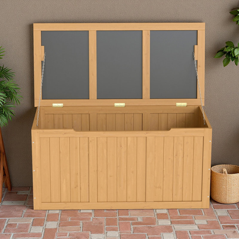 67 Gallon Outdoor Wooden Deck Box Solid Wood Storage Box Seat & Table Top For Patio Furniture Cushions, Pool Toys & Garden Tools (light Brown)