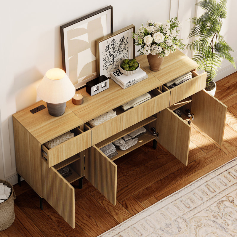 63" Reeded Baby Dresser With 3 Drawers, Wooden Kids Dressers With Charging Station, Modern Dressers For Bedroom, Nursery, Hallway