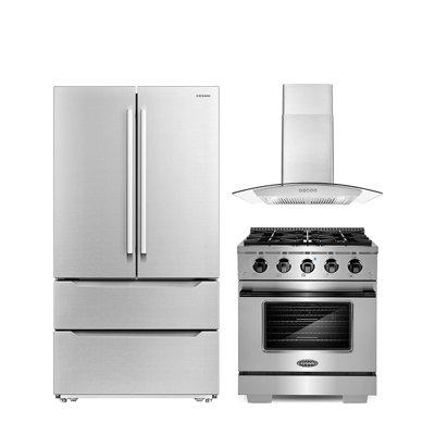 3 Piece Kitchen Package With 30"" Freestanding Gas Range With Custom Handle And Knob Kit 30"" Wall Mount Range Hood 36"" French Door Refrigerator -  Cosmo, COS-4PKG-1037