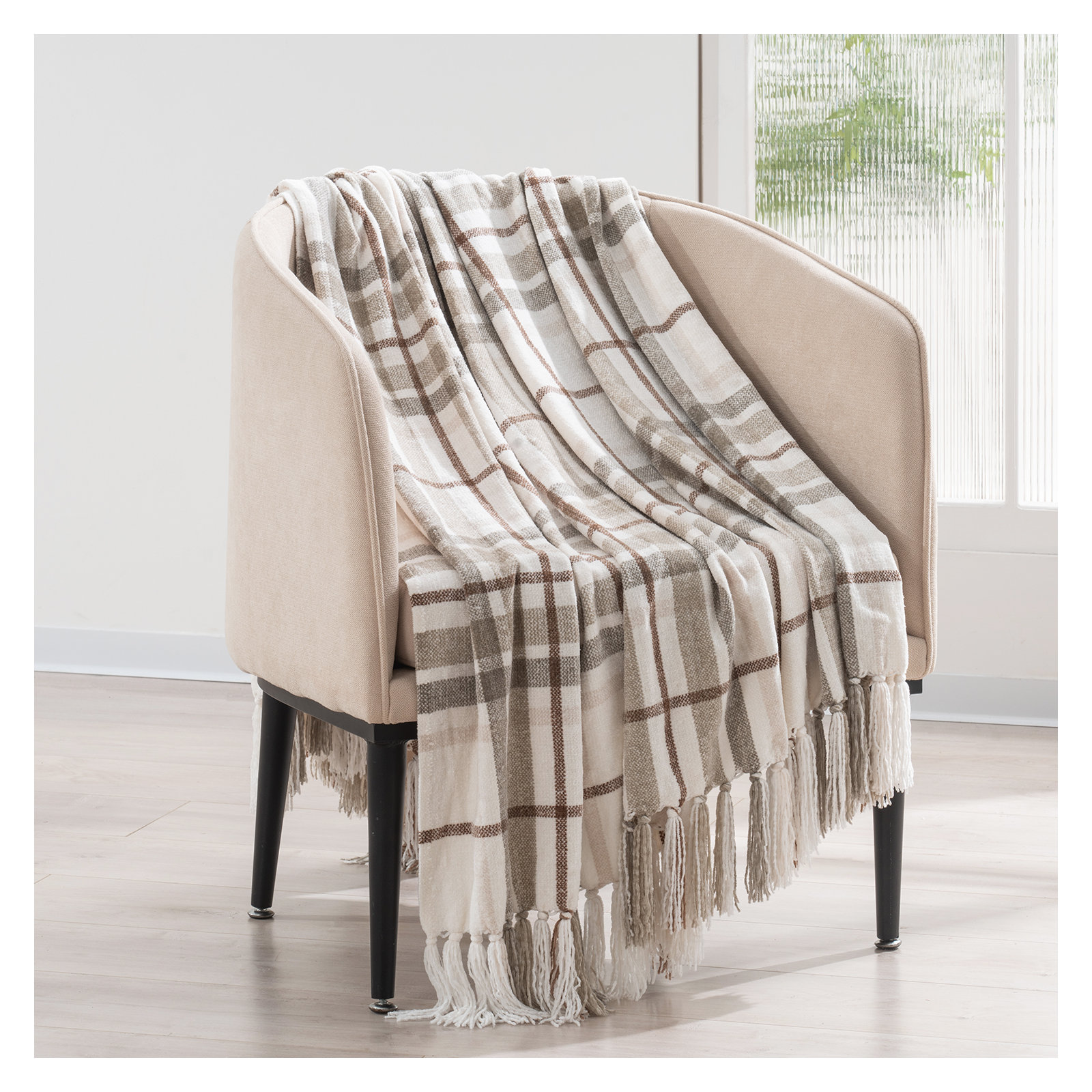 Soft Chenille Throw Blanket, 80" L x 60" W, Beige/White Plaid