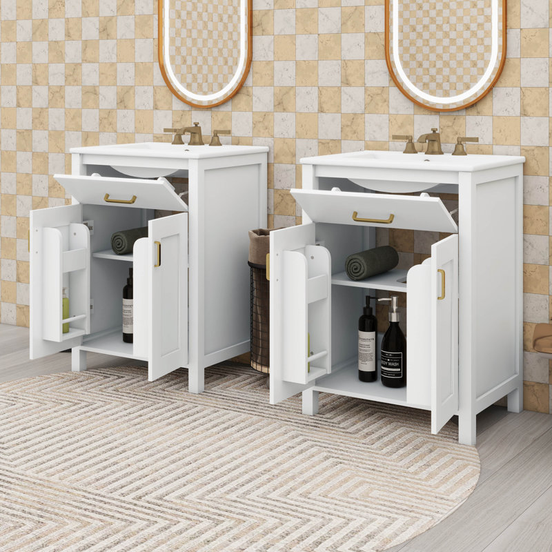 Meuble-lavabo moderne de 48 pouces avec lavabo en céramique, tiroir rabattable, tablettes de porte à double couche, Blanc