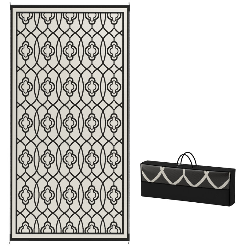 Reversible Outdoor Rug, 9' x 18' Waterproof Plastic Straw Floor Mat, Portable RV Camping Carpet, Large Floor Mat for Backyard, Deck, Picnic, Beach, Black & White Lantern