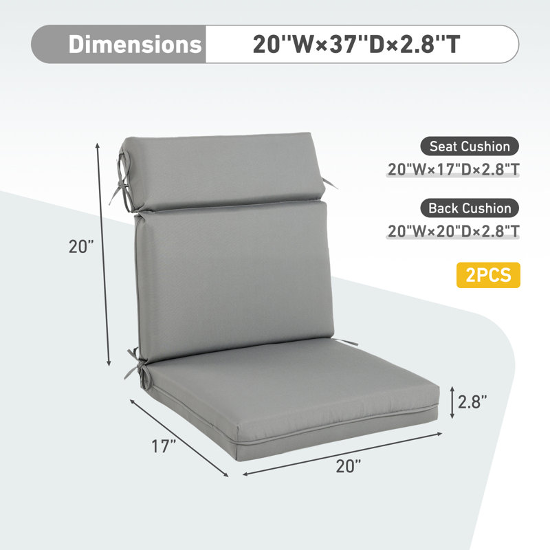 Outdoor Dining Chair Seat / Back Cushion, 20" x 17", Gray