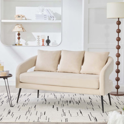 Modern Upholstered Velvet Open Back Loveseat Settee With 3 Pillows, Small Comfy Sofa 2-Seater Mini Sofa For Small Space With Metal Legs, Living Room B