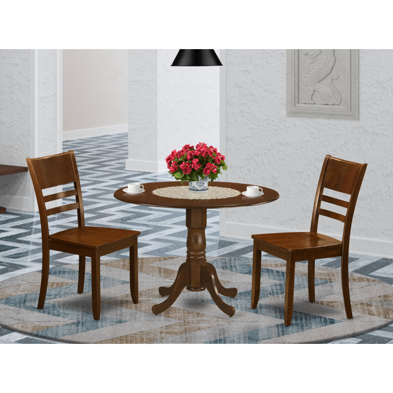 3 Piece Dining Table Set for Small Spaces Contains a Round Dining Room Table with Dropleaf and 2 Wooden Seat Chairs, 42x42 Inch, Espresso