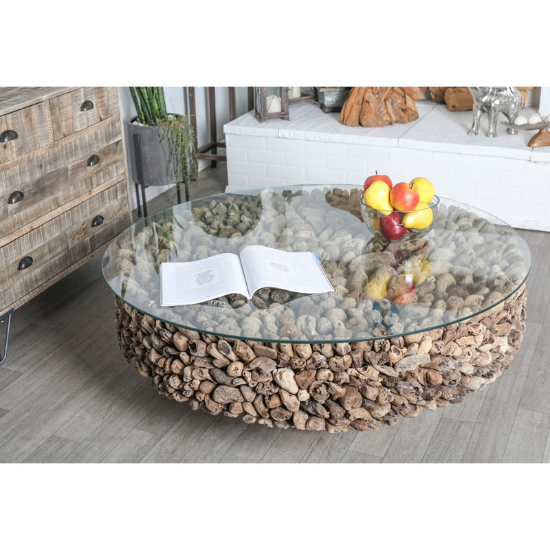 Table basse Wenham avec plateau en verre trempé et base en bois flotté