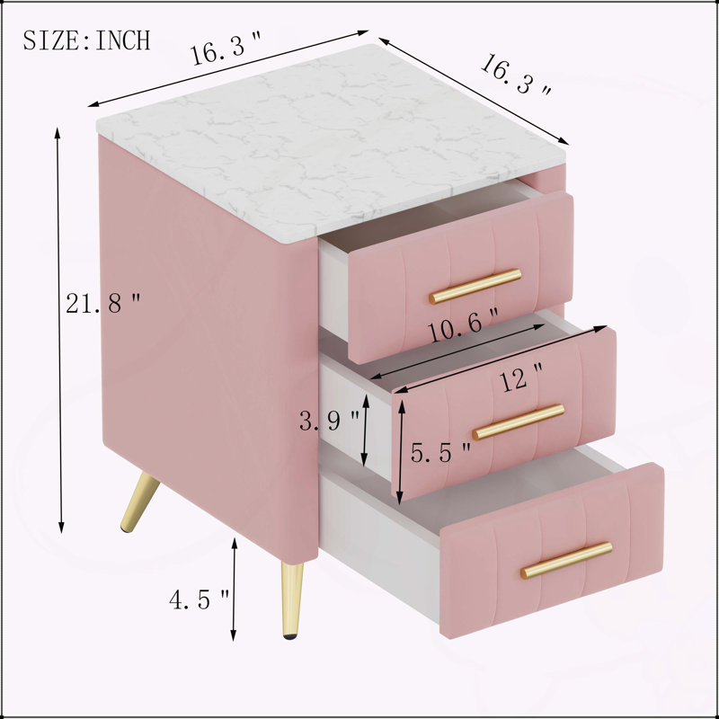 Table de chevet rembourrée en bois avec 3 tiroirs et pieds en métal, Rose