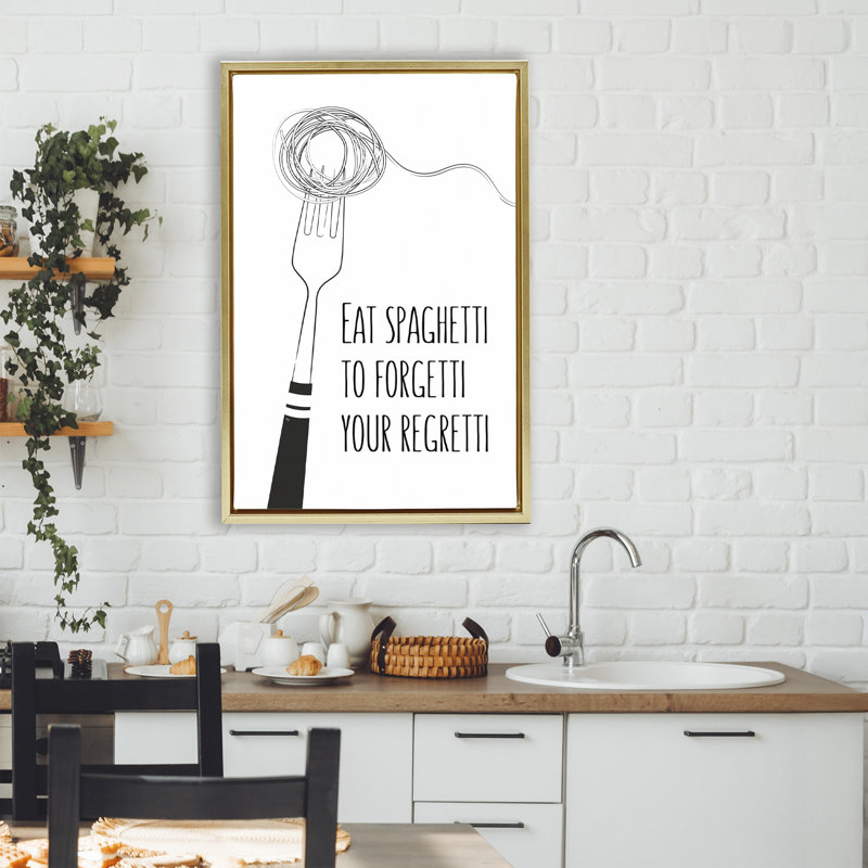 Drôle de cadre flottant Spaghetti Sass, design par Martina Pavlova, H 31 po x l 21 po, Cadre flottant métallique doré