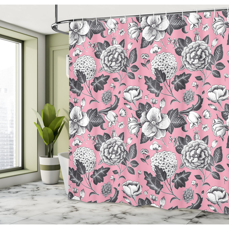 Floral Pink and Black Fabric Shower Curtain with Hooks