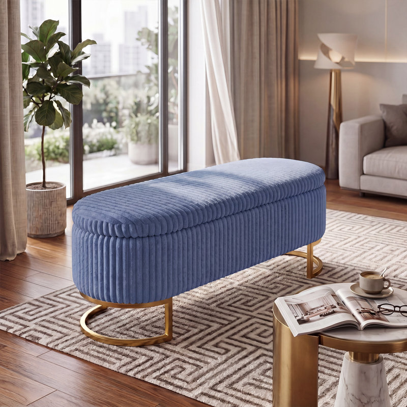 Corduroy Upholstered Bench with Flip Top, Blue, Blue