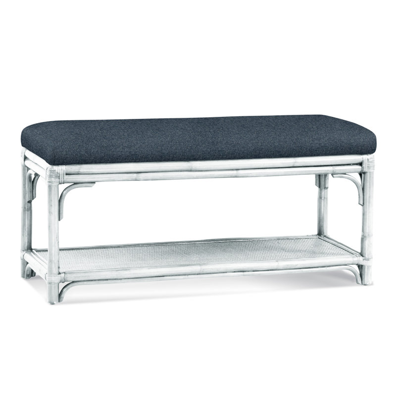 Summer Retreat Wicker Shelf Storage Bench, Frost White, Green and Blue Stripe; 0252-54