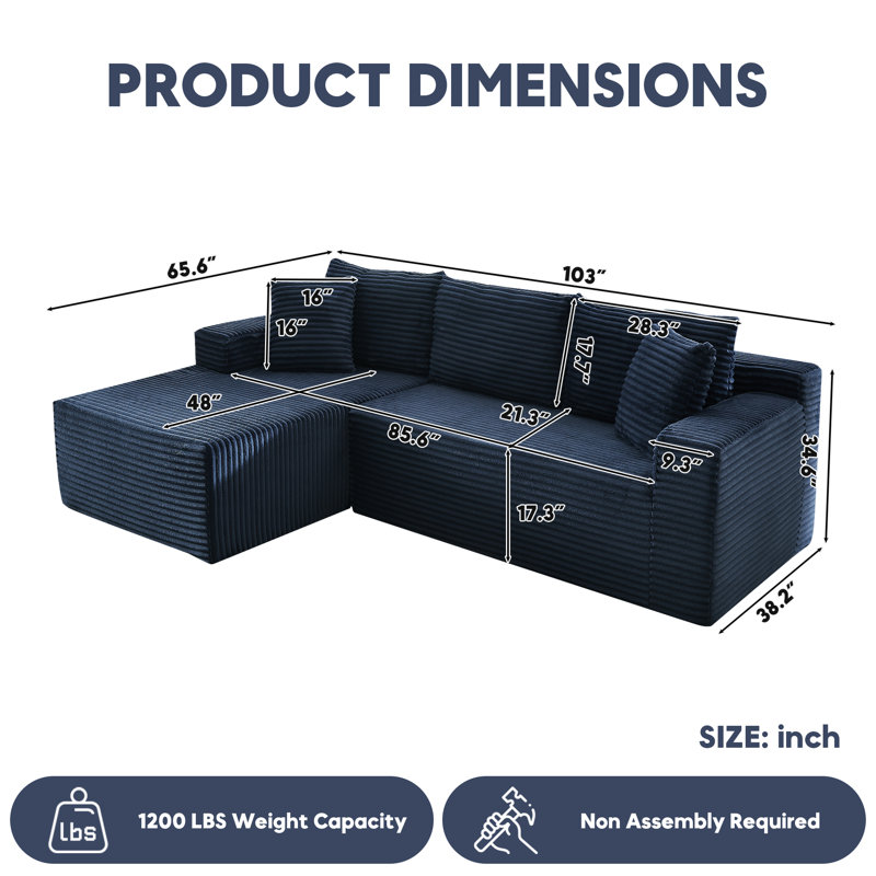 Boneless Modular Sectional Sofa, Cloud Couch, Left Hand Facing, Blue