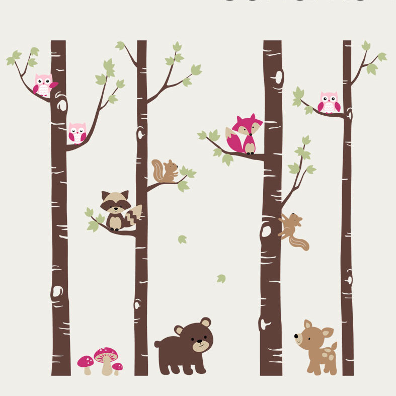 Adhésif décoratif bouleaux avec de jolis animaux de la forêt, H 108 po x l 112 po, Schéma C