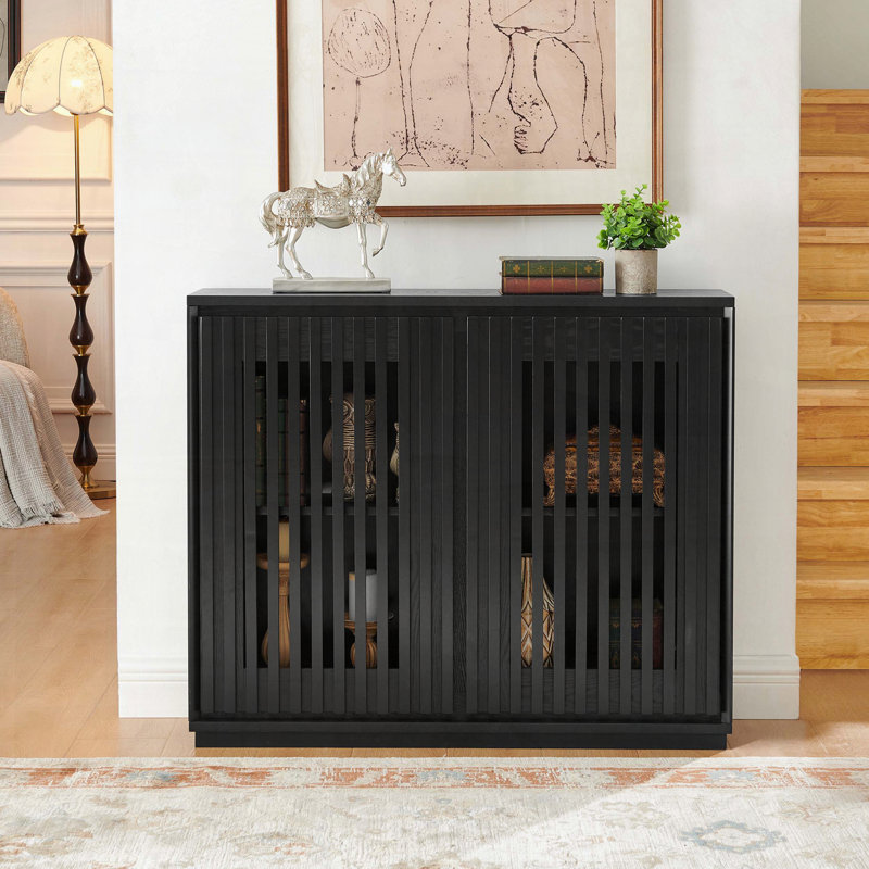Mid Century Modern Fluted Hollowed Out Sideboard with 2 Outlet Holes – Black, Black