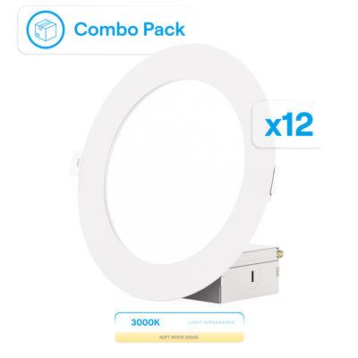 Infibrite 6 Inch Thin Recessed LED Ceiling Light Kit with Warm White 3000 Kelvin Light, 12 Watt, 1050 Lumens, Dimmable, Wet Rated, Set of 12