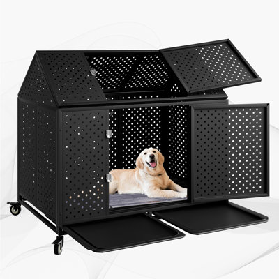 54" Heavy Duty Dog Crate Large Dog cage Strong Metal Dog Kennels and Crates for Large Dogs Top Open with 2 Doors 4 Lockable Wheels 2 Removable Trays