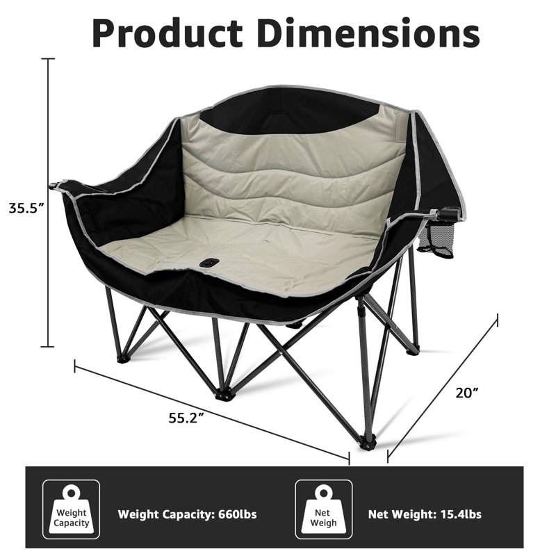 Causeuse double pour camping - capacité de 660 lb, rembourrée, pliante avec porte-gobelets
