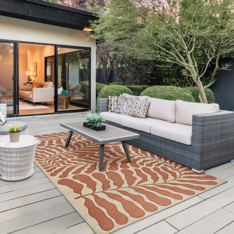 Castille Ikeshia Terra-Cotta Contemporary Indoor/Outdoor Rug In Floral Style, Power-Loomed Polyester And Poly-Chenille Blend, Durable, Easy Clean For Living Room Bedroom Outdoor Patio Home Decor