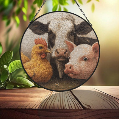 Panneaux de vitrail représentant des animaux de la ferme, attrape-soleil pour la décoration de fenêtre