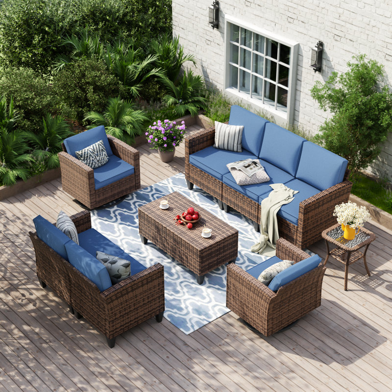 Kisner 7 - Person Outdoor Wicker Sofa Seating Group With Cushions And Table, Navy