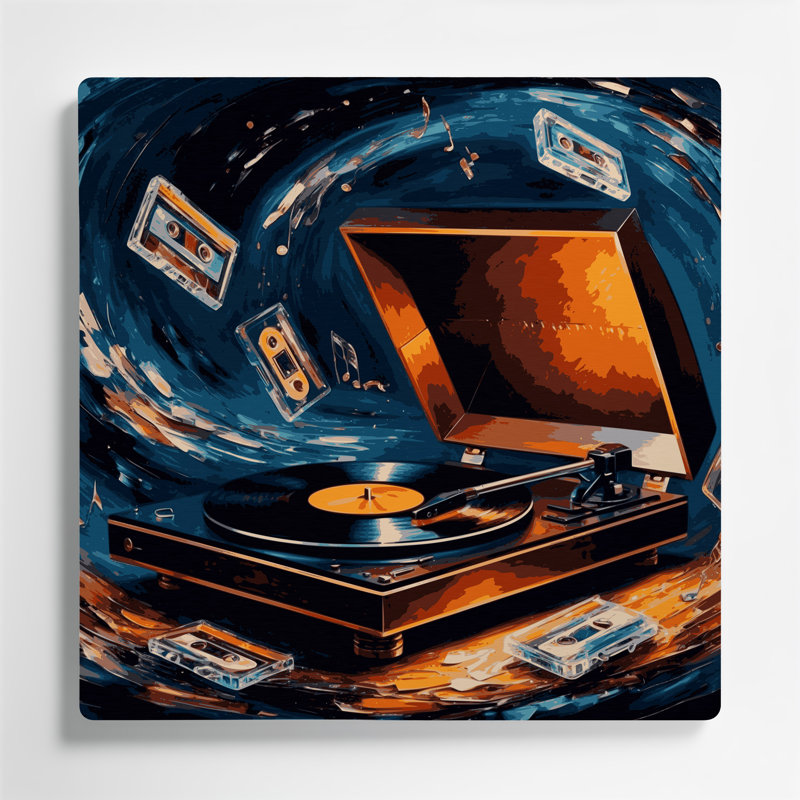 Art mural en métal gris, tourne-disque et cassettes, H 8 po x l 8 po