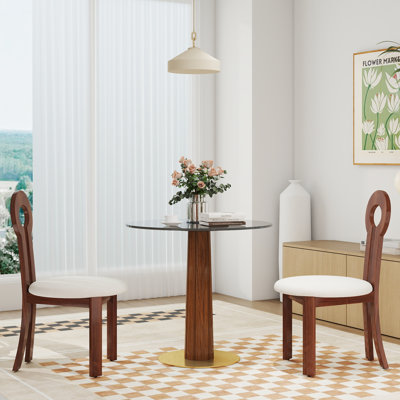 Modern 3-Piece Dining Set with 33.5"Round Tempered Glass Top&Solid Wood Table and 2 Solid Wood Chairs – Small Space Kitchen Table Set with Metal Base