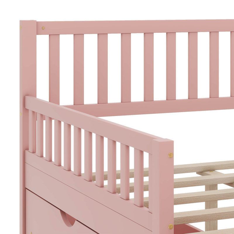 Lit plateforme en bois avec garde-corps des deux côtés et deux tiroirs, Rose, Double