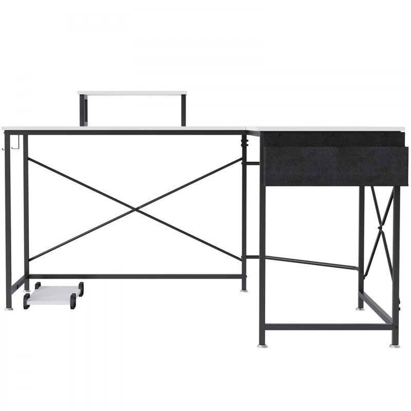 Bureau d'ordinateur en L, bureau en coin de 59 po avec sac de rangement, support pour écran d'ordinateur et support pour unité centrale, bureau de jeu pour poste de travail à domicile, blanc