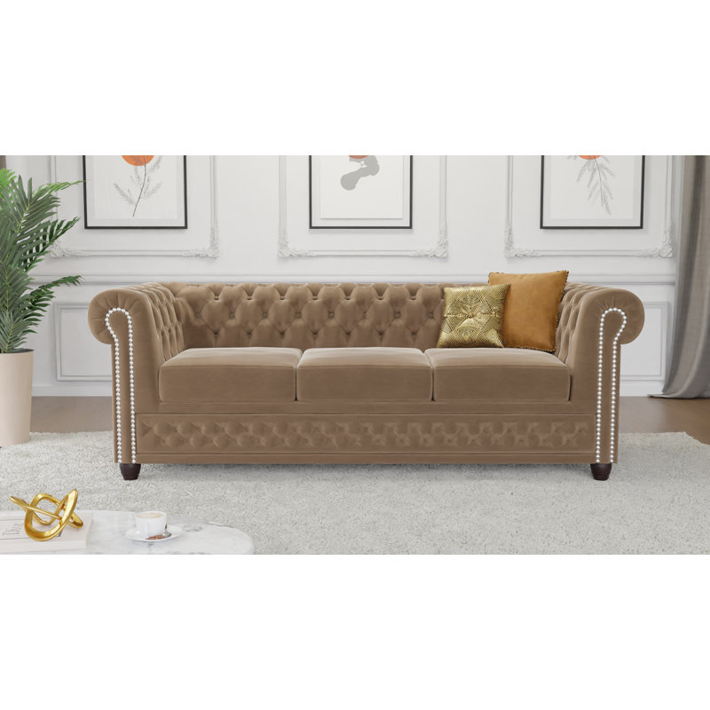 Chesterfield Hanna 3 Seater Sofa Made of Velvet Fabric with Solid Wood Legs, Beige