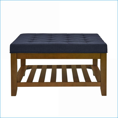 Ottoman with Storage, Tufted Linen Navy Blue Beech Wood Frame, 33.5'' Square Footrest Coffee Table | Wood | Navy Blue