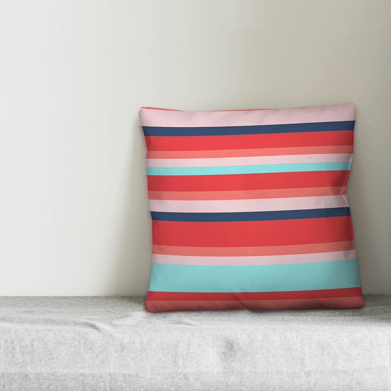 Striped Outdoor Throw Pillow, Polyester/Polyfill, 18" x 18", Brick Red/Blue/White