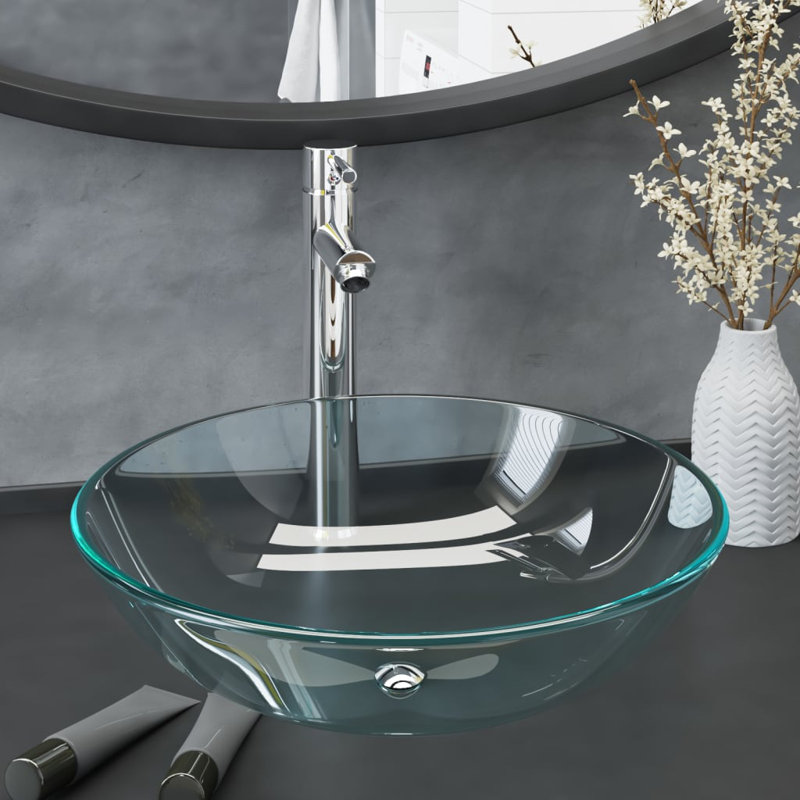 Symple Stuff Agustus 42mm L x 420mm W Glass Circular Countertop Basin Sink with Tap and Overflow, Transparent/Chrome