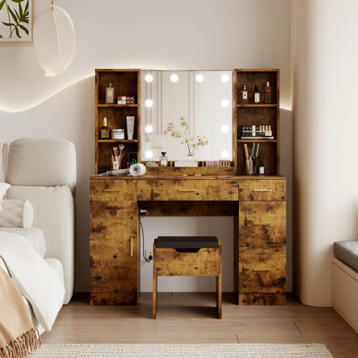 Ensemble de coiffeuse avec miroir lumineux, bureau de meuble-lavabo moderne 55,7 po avec prise de courant et tablettes de rangement Farmhouse