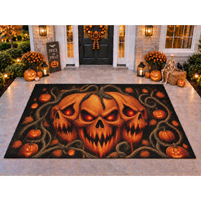 Tapis d'extérieur 5' x 7' Halloween Triple Citrouilles et Têtes de Mort, Tapis bouclé en PVC épais, solide et imperméable, Tapis de patio robuste, Tapis d'intérieur/extérieur à séchage rapide pour porche, terrasse, balcon, entrée.
