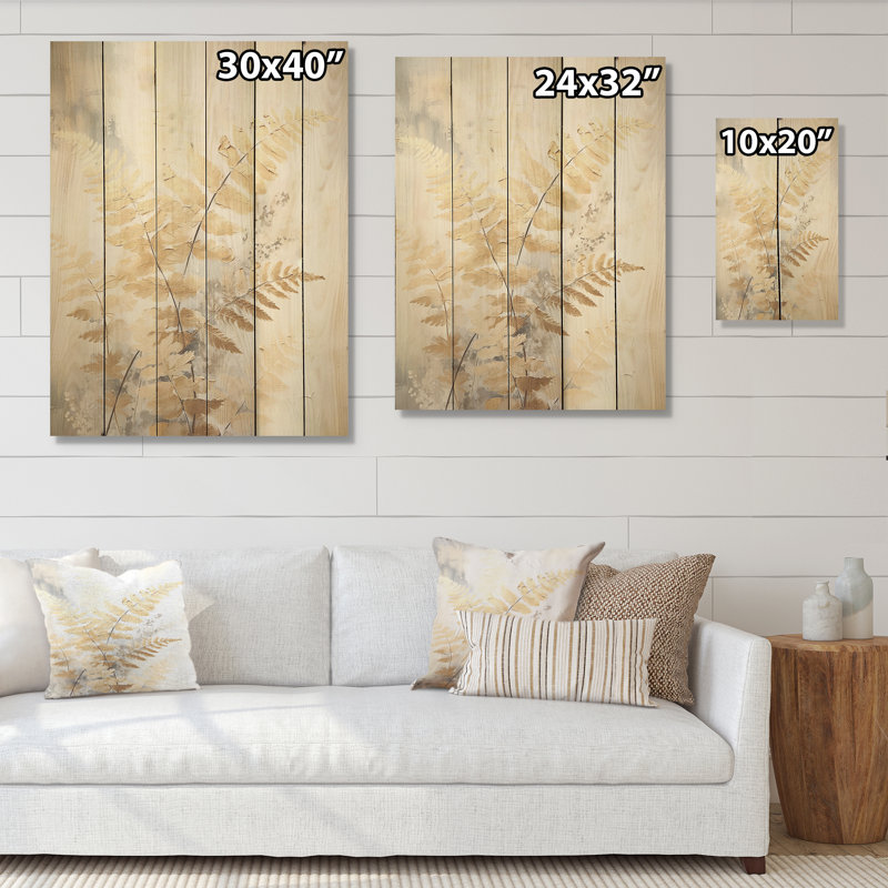 Golden Ferns Silent Gracefulness X - Ferns Wood Wall Art On Natural Pine Wood, 20" H x 10" W